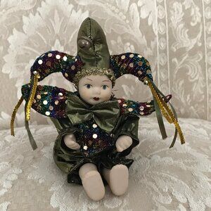 🎭Vintage 7” Mardi Gras Jester Doll • Porcelain • Purple & Gold Harlequin
